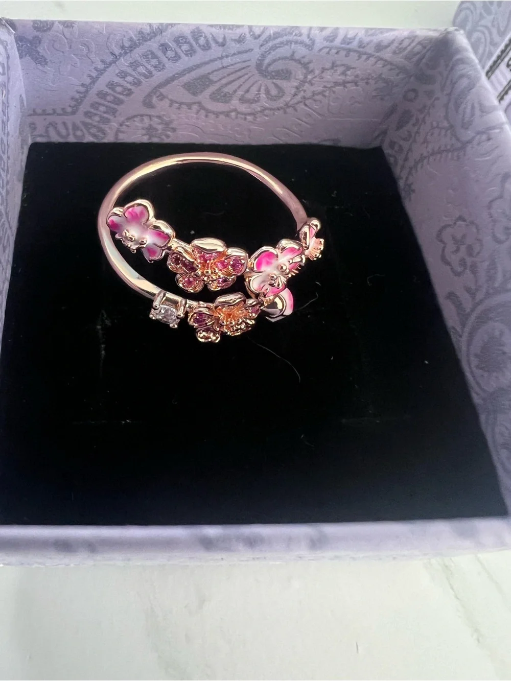 Pink Floral Crystal Open Band Ring - Women's Jewelry